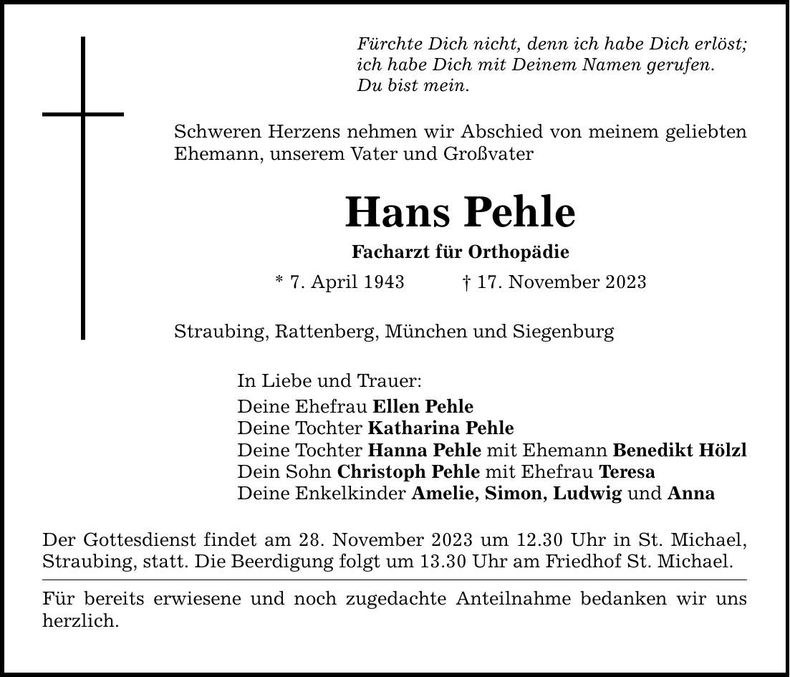 Traueranzeige Hans Pehle