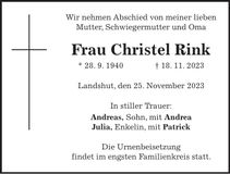Traueranzeige Christel Rink