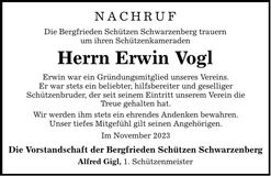 Traueranzeige Erwin Vogl