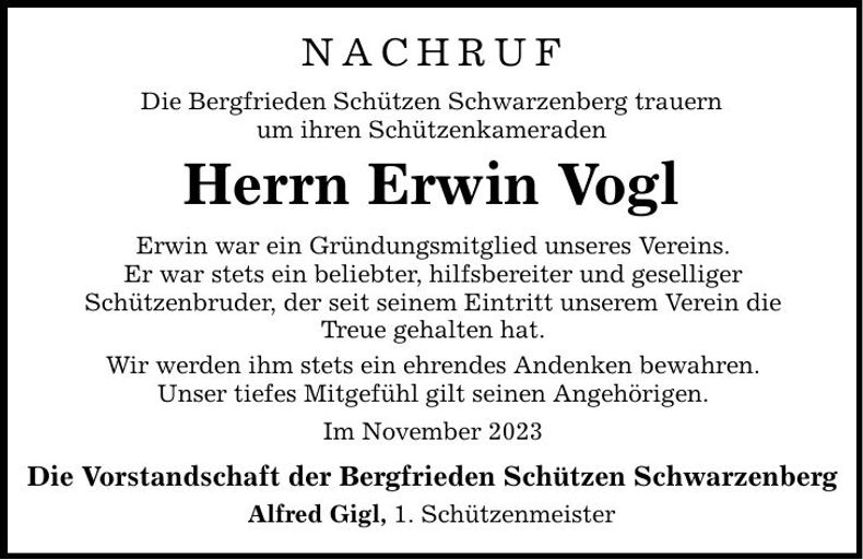 Traueranzeige Erwin Vogl