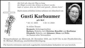 Traueranzeige Gusti Karbaumer