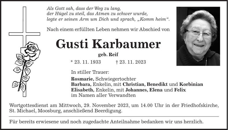 Traueranzeige Gusti Karbaumer