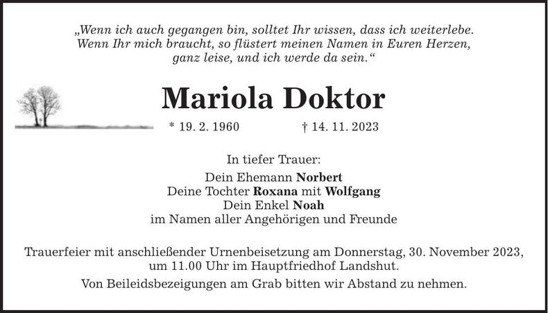 Traueranzeige Mariola Doktor