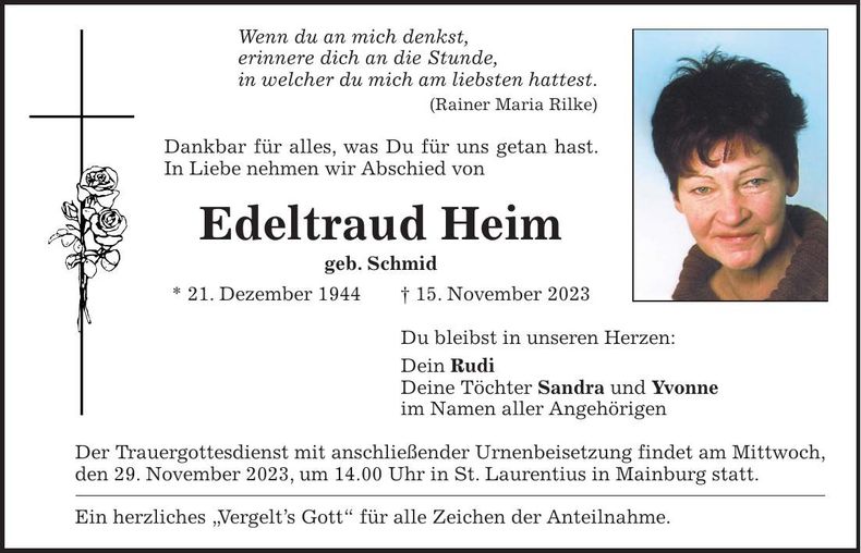 Traueranzeige Edeltraud Heim