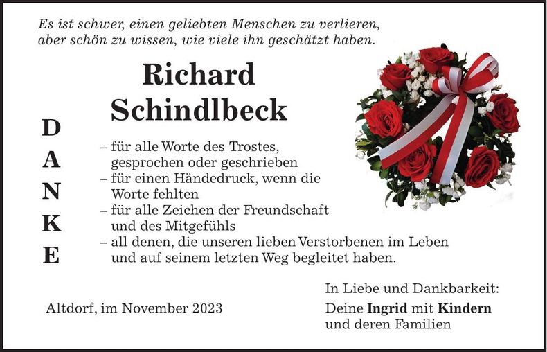 Traueranzeige Richard Schindlbeck