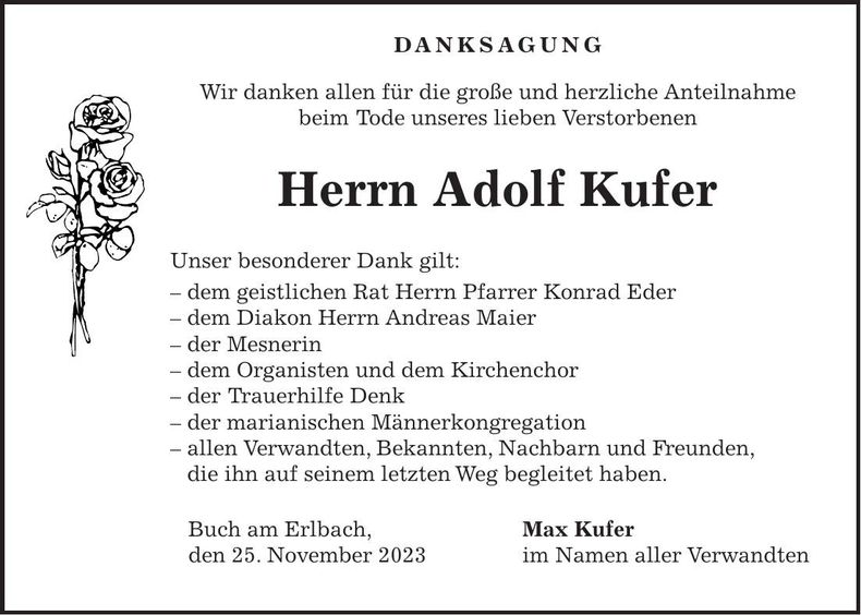 Traueranzeige Adolf Kufer