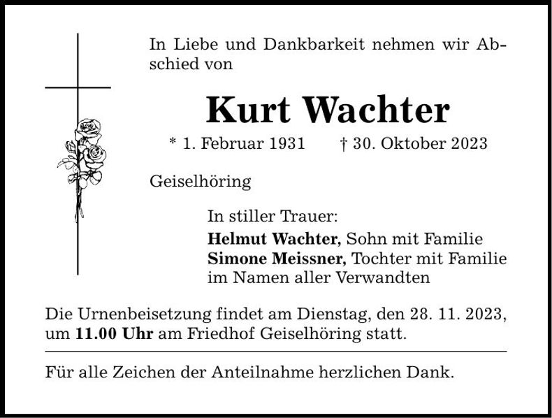 Traueranzeige Kurt Wachter