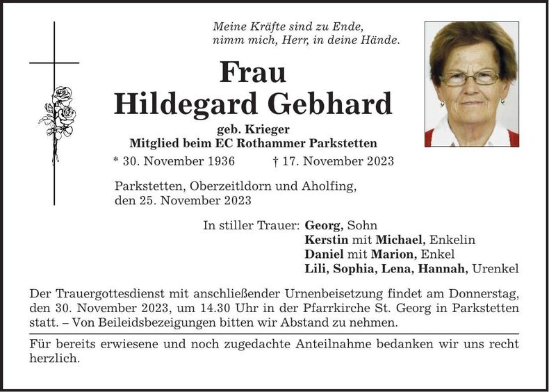 Traueranzeige Hildegard Gebhard
