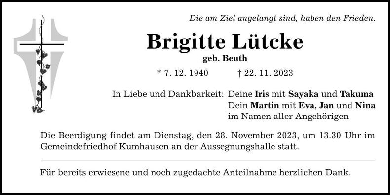 Traueranzeige Brigitte Lütcke
