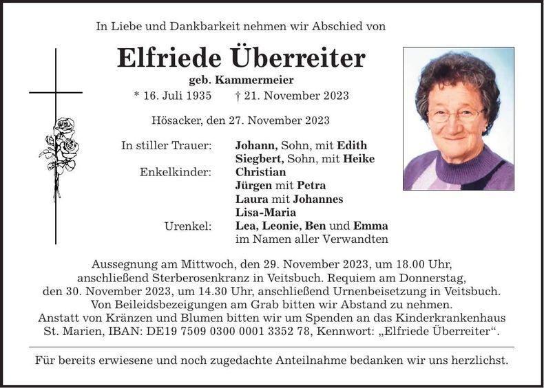 Traueranzeige Elfriede Überreiter
