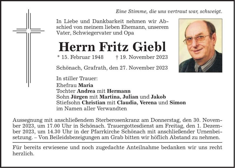 Traueranzeige Fritz Giebl