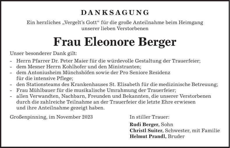 Traueranzeige Eleonore Berger