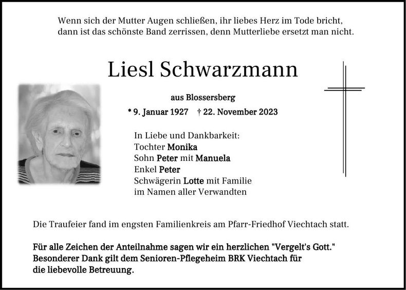Traueranzeige Liesl Schwarzmann
