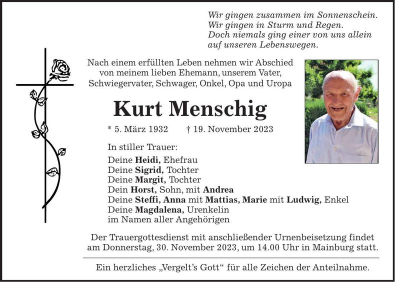 Traueranzeige Kurt Menschig