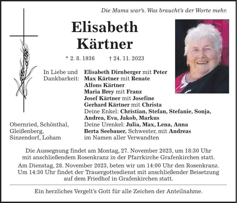 Traueranzeige Elisabeth Kärtner