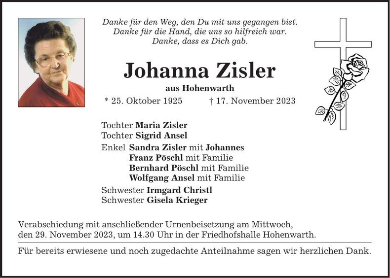 Traueranzeige Johanna Zisler