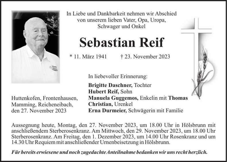 Traueranzeige Sebastian Reif