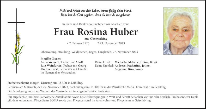 Traueranzeige Rosina Huber