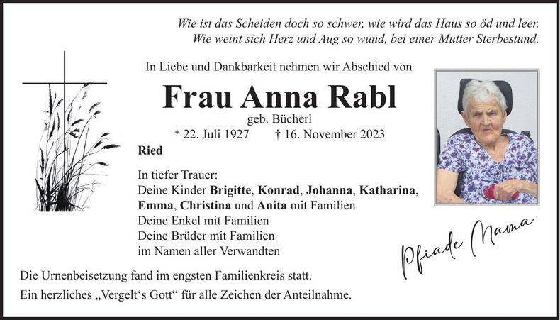 Traueranzeige Anna Rabl