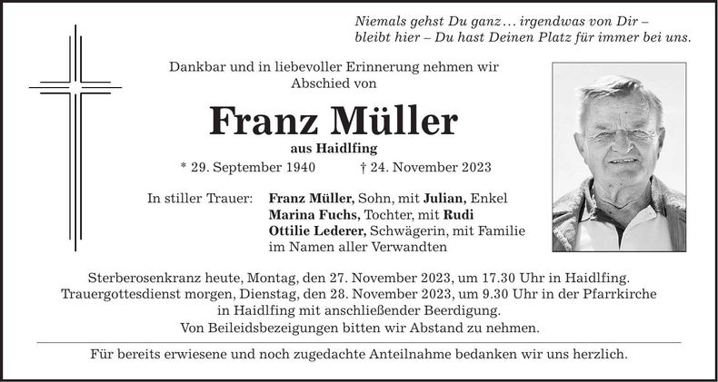Traueranzeige Franz Müller