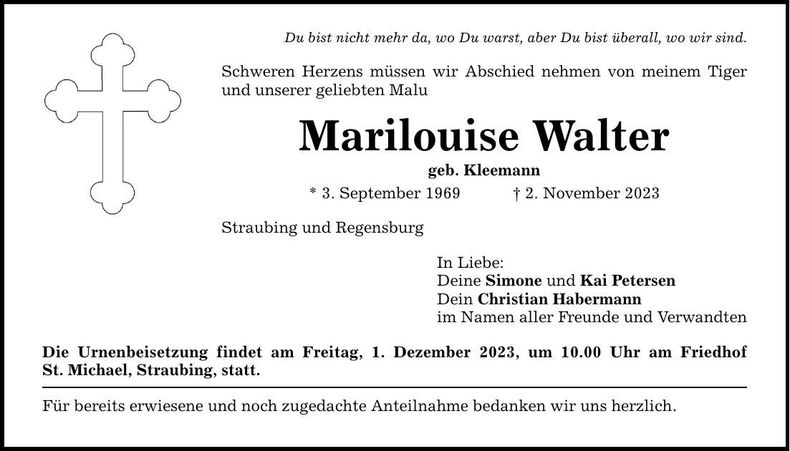 Traueranzeige Marilouise Walter