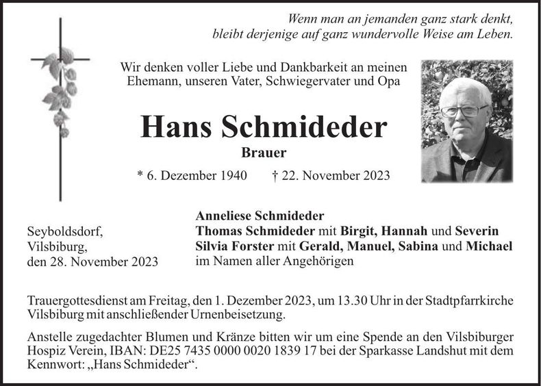 Traueranzeige Hans Schmideder