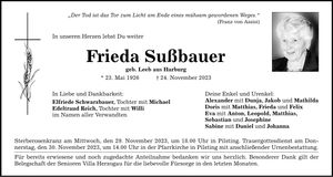 Traueranzeige Frieda Sußbauer