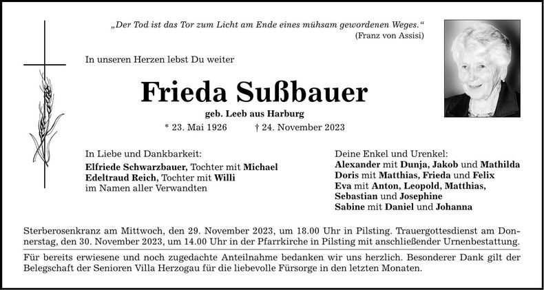 Traueranzeige Frieda Sußbauer