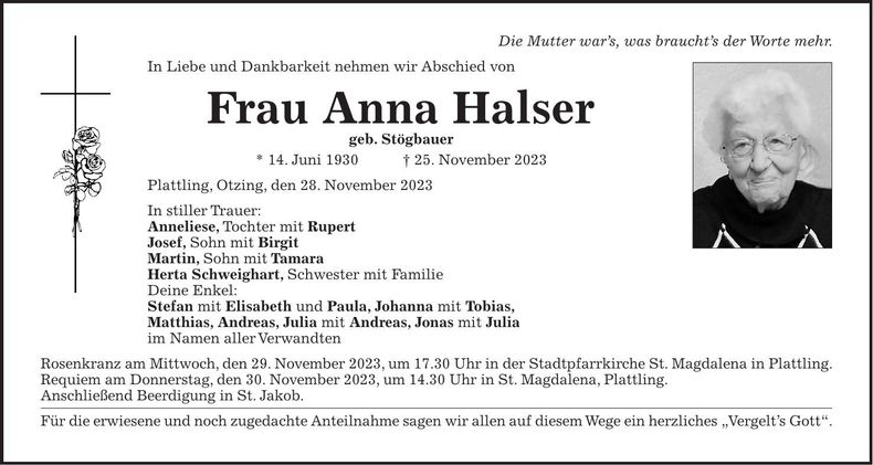 Traueranzeige Anna Halser