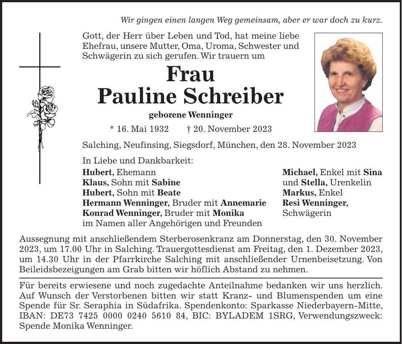 Traueranzeige Pauline Schreiber