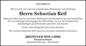 Traueranzeige Sebastian Reif