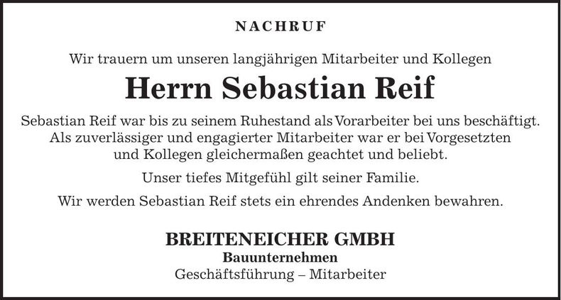 Traueranzeige Sebastian Reif