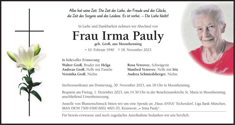 Traueranzeige Irma Pauly