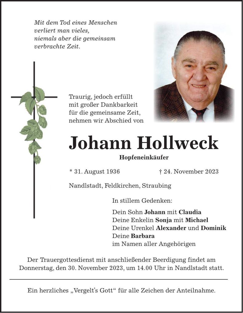 Traueranzeige Johann Hollweck
