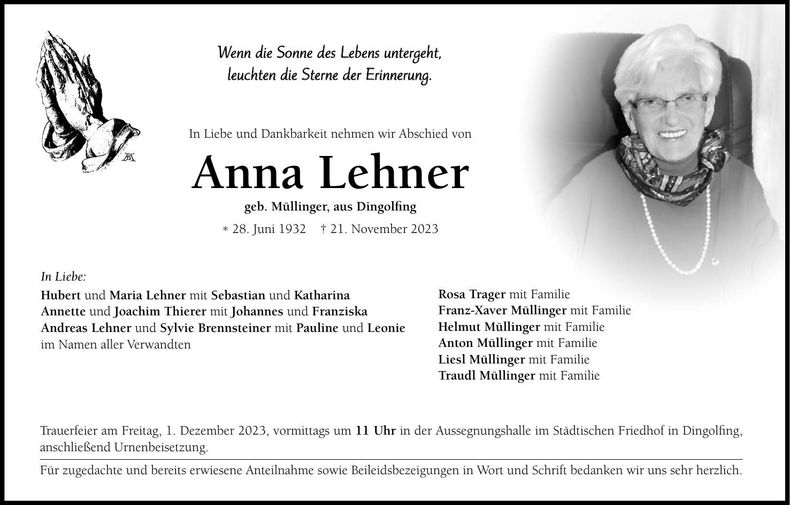 Traueranzeige Anna Lehner
