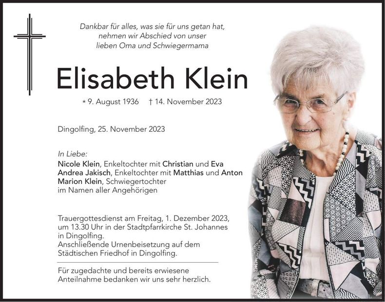 Traueranzeige Elisabeth Klein