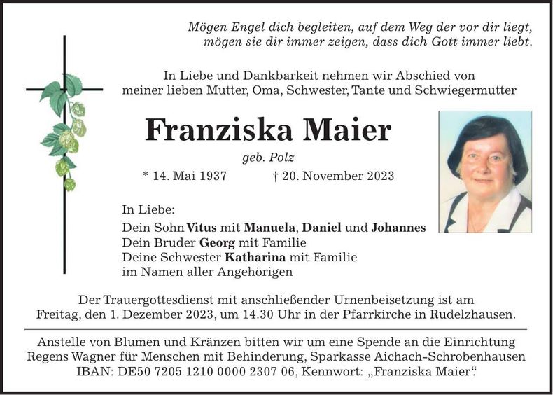 Traueranzeige Franziska Maier