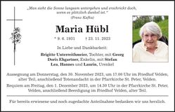 Traueranzeige Maria Hübl