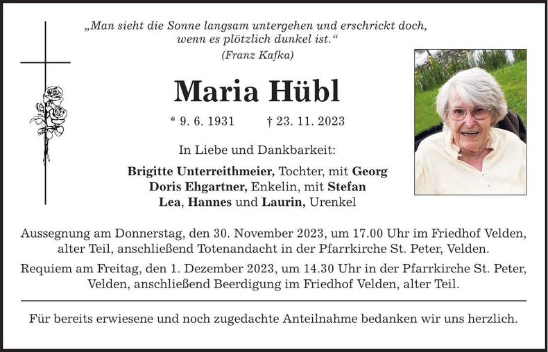 Traueranzeige Maria Hübl