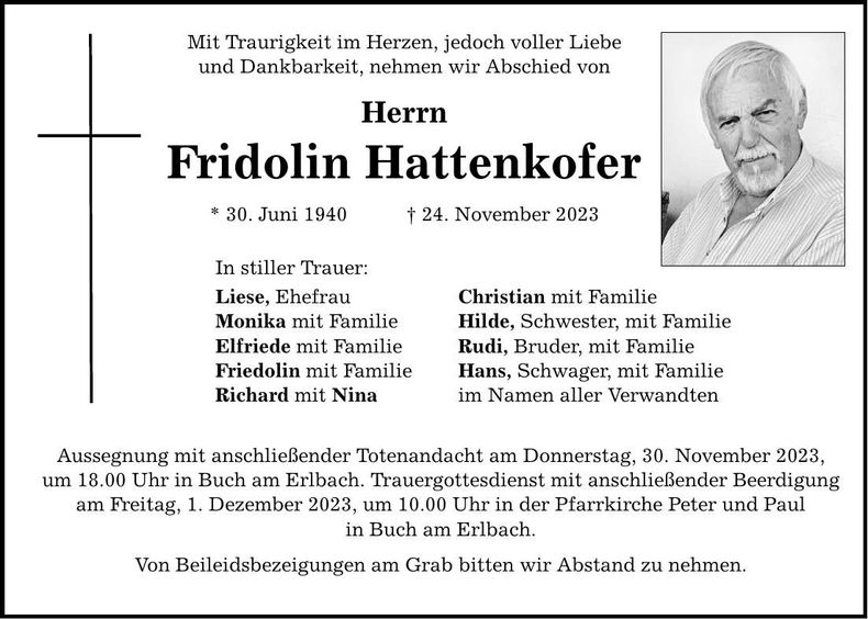 Traueranzeige Fridolin Hattenkofer