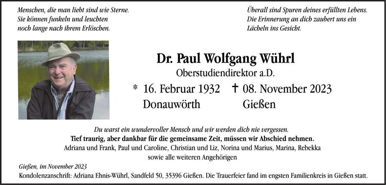 Traueranzeige Paul Wolfgang Dr. Wührl
