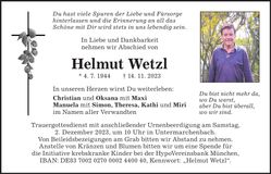 Traueranzeige Helmut Wwtzl