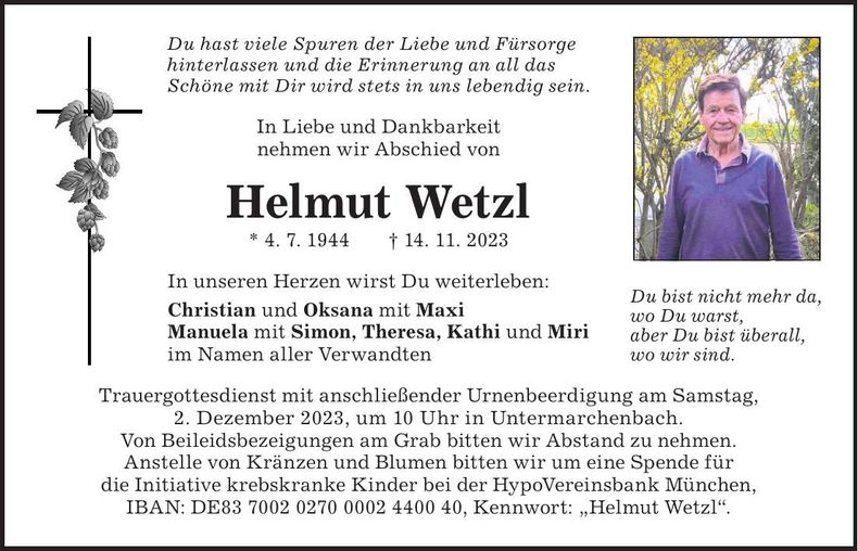 Traueranzeige Helmut Wwtzl