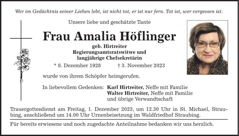 Traueranzeige Amalia Höflinger