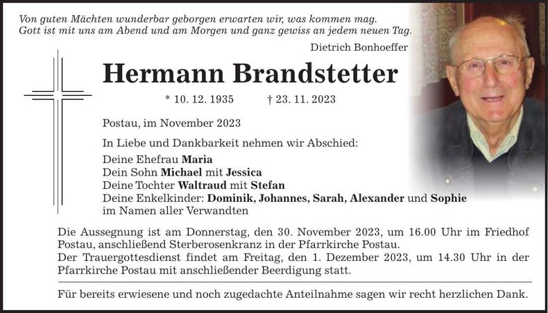 Traueranzeige Hermann Branzstetter