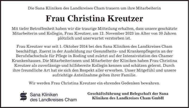 Traueranzeige Kristina Kreutzer
