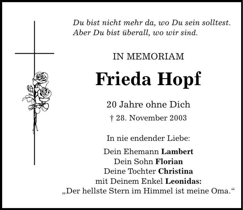 Traueranzeige Frieda Hopf