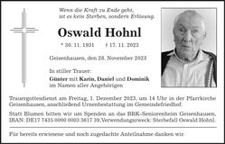 Traueranzeige Oswald Hohnl