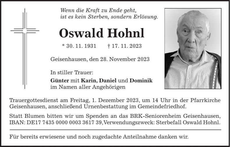 Traueranzeige Oswald Hohnl