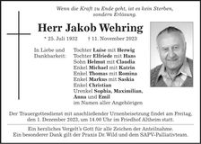 Traueranzeige Jakob Wehring
